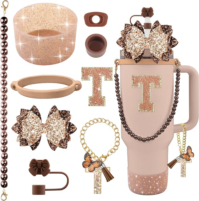 9PCS Brown for Stanley Cup Accessories Set Bling Initials Bow Charms for by Unknown