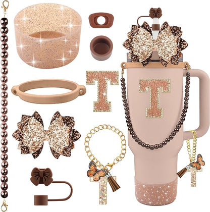 9PCS Brown for Stanley Cup Accessories Set Bling Initials Bow Charms for by Unknown