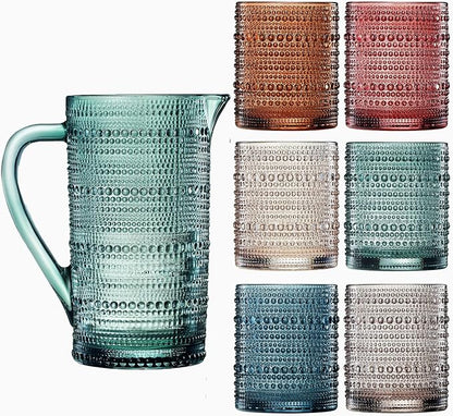 Khen Hobnail Beaded Pitcher & Tumbler Glasses Set | Set of 6 Glasses & Carafe| - Image 8
