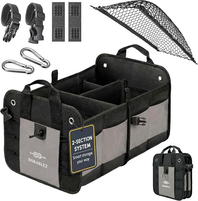 Compact Car Trunk Organizer 2-Section – Grocery, Cleaning Supplies Storage – by DURABLEZ