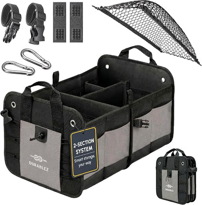 Compact Car Trunk Organizer 2-Section – Grocery, Cleaning Supplies Storage – by DURABLEZ