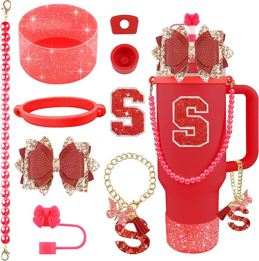 9PCS Red for Stanley Cup Accessories Set Bling Initials Bow Charms for Stanley by Unknown