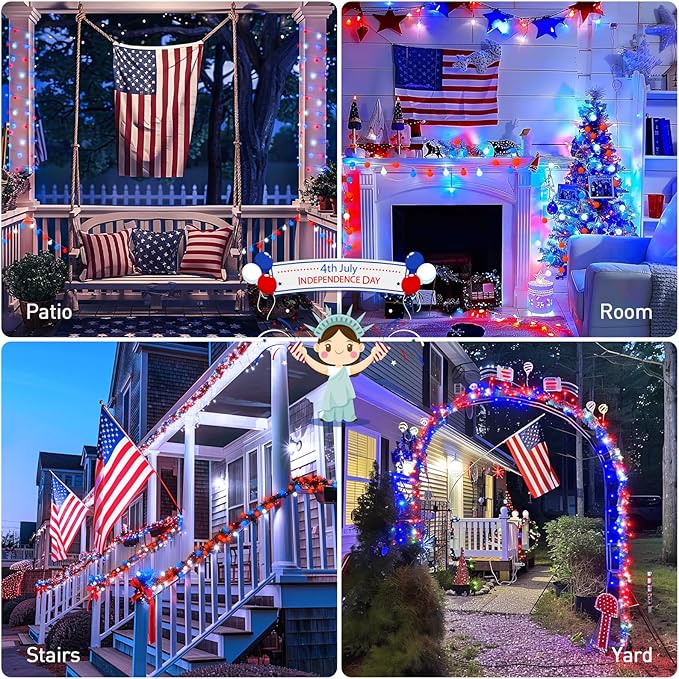 JMEXSUSS Connectable Red White and Blue Lights Indoor Outdoor, 100 LED 33ft 4th - Image 6
