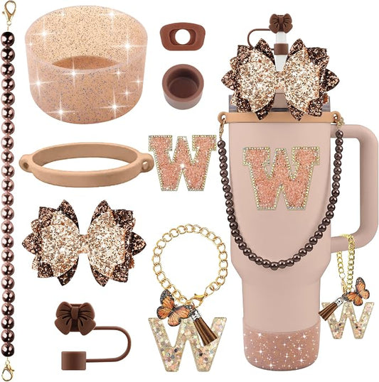 9PCS Brown for Stanley Cup Accessories Set Bling Initials Bow Charms for by Unknown