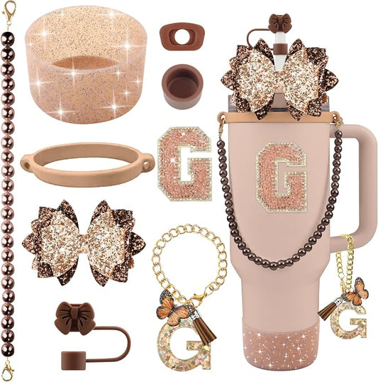 9PCS Brown for Stanley Cup Accessories Set Bling Initials Bow Charms for by Unknown