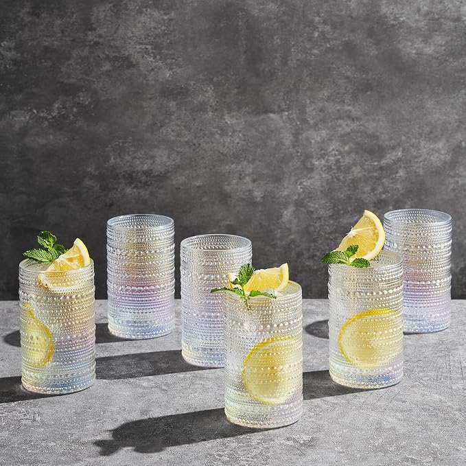 Hobnail Beaded Highball Drinking Tumbler Glasses | Set of 6 | Iridescent Pearl - Image 7