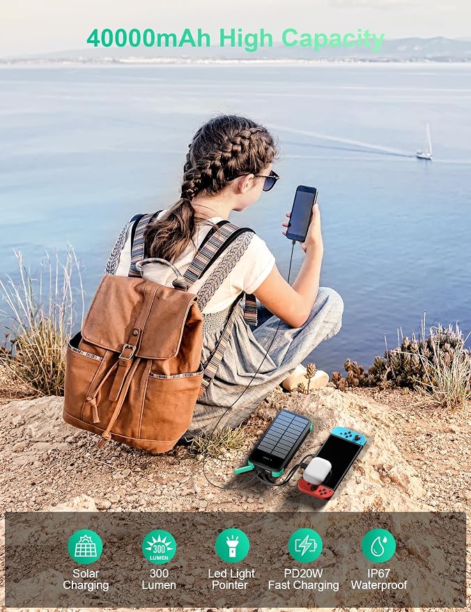 Solar Charger Power Bank, PD 20W Fast Charging External Batter, 40000mAh - Image 3