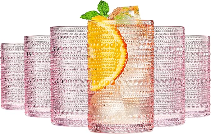 Khen Hobnail Beaded Highball Drinking Tumbler Glasses | Set of 6 | Pastel Pink by Khen