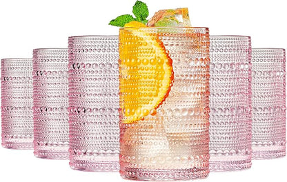 Khen Hobnail Beaded Highball Drinking Tumbler Glasses | Set of 6 | Pastel Pink by Khen