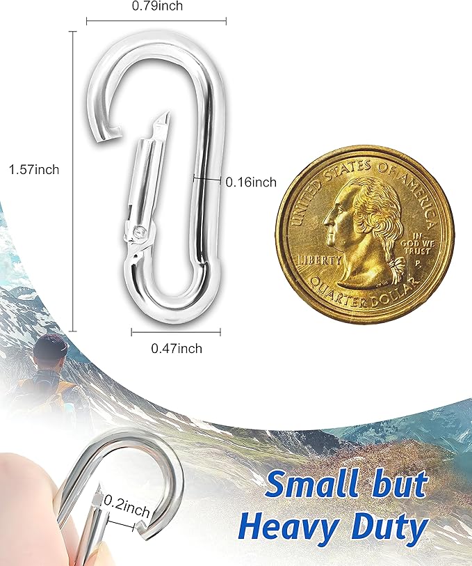 Small Carabiner Clip, M4 Stainless Steel Spring Snap Hook Heavy Duty, Locking - Image 2