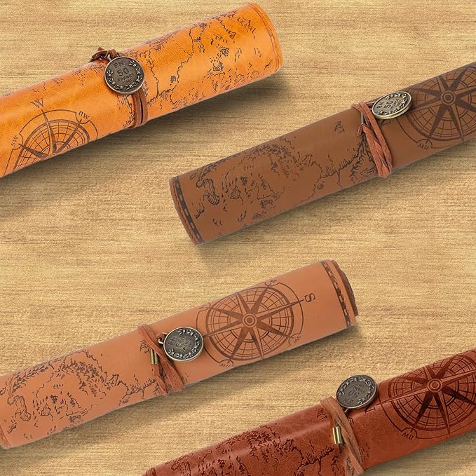 4 Pieces Leather Pencil Case, Creative Map Rollup Pencil Bag, Vintage Makeup - Image 3
