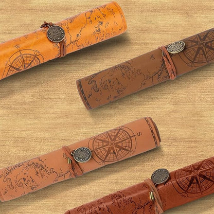 4 Pieces Leather Pencil Case, Creative Map Rollup Pencil Bag, Vintage Makeup - Image 3