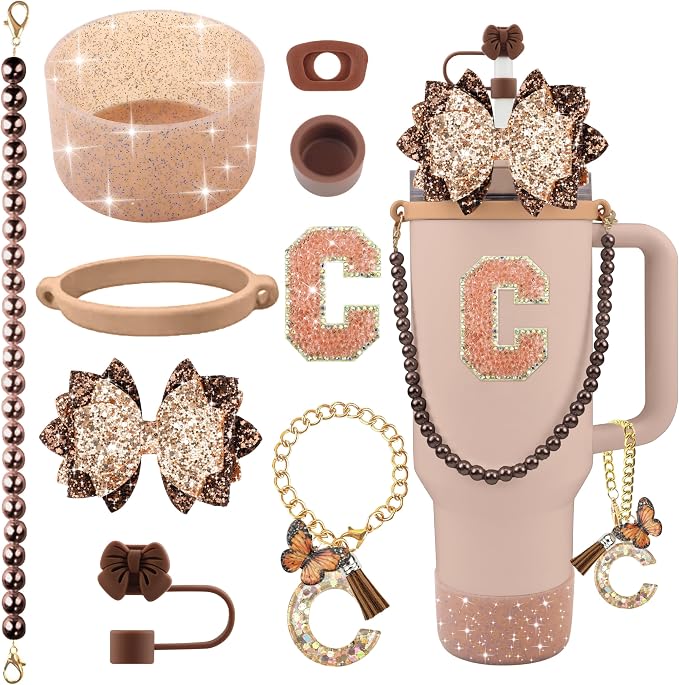 9PCS Brown for Stanley Cup Accessories Set Bling Initials Bow Charms for by Unknown