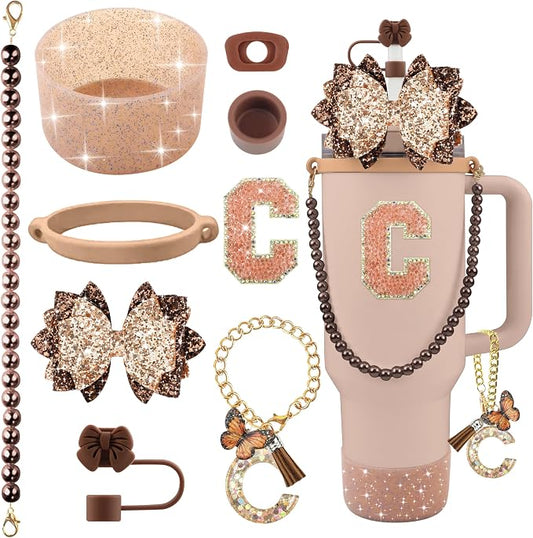 9PCS Brown for Stanley Cup Accessories Set Bling Initials Bow Charms for by Unknown
