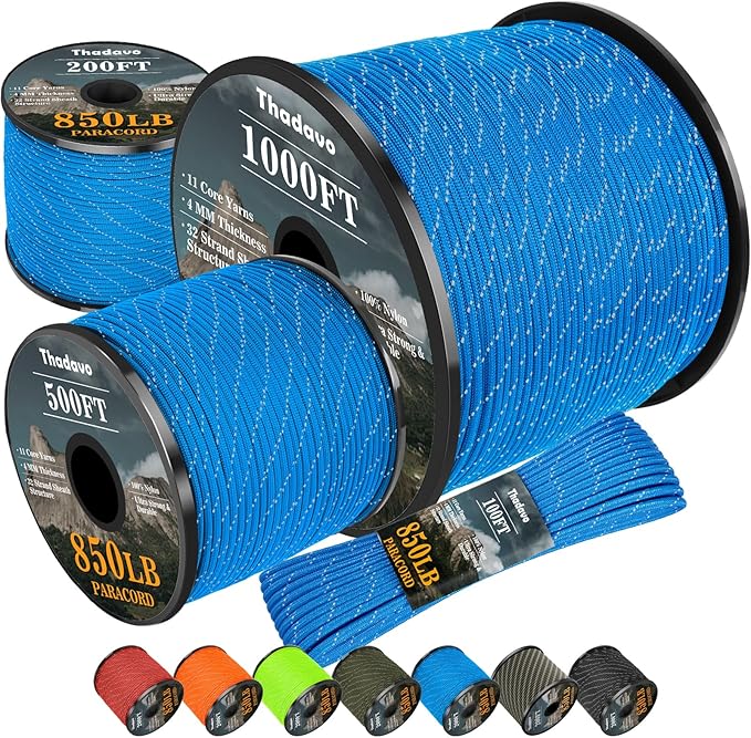 Reflective Paracord Rope 850Ib, 50/100/200/500/1000ft 4MM 11 Strand para Cords by Thadavo