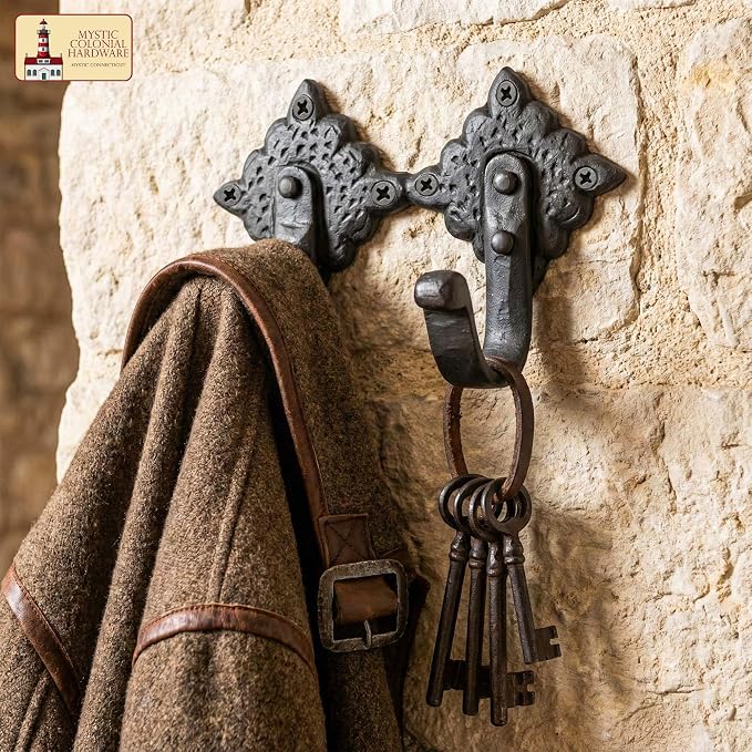 Mystic Colonial Rustic Cast Iron Wall Hooks, Heavy Duty Retro Utility Hooks - Image 4