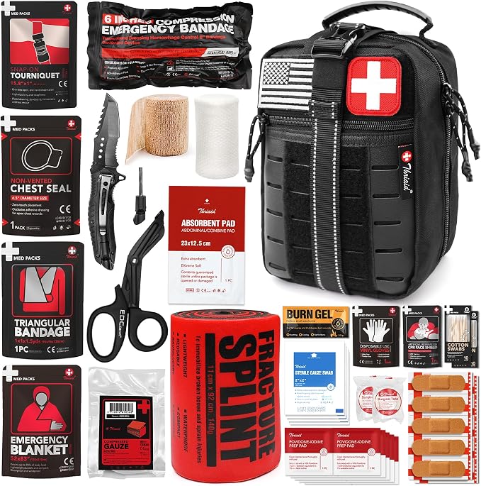 Survival First Aid Kit with Israeli Bandage, Chest Seal, Tourniquet, Tactical by THRIAID