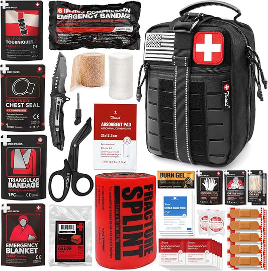 Survival First Aid Kit with Israeli Bandage, Chest Seal, Tourniquet, Tactical by THRIAID
