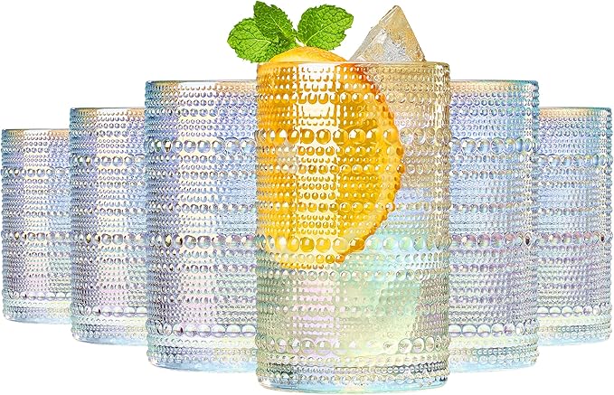 Hobnail Beaded Highball Drinking Tumbler Glasses | Set of 6 | Iridescent Pearl by Khen