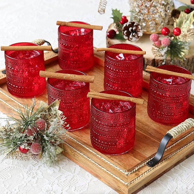 Kate Aspen Retro Arch Floral Red Drinking Glasses Set of 6, 10 oz Vintage - Image 8