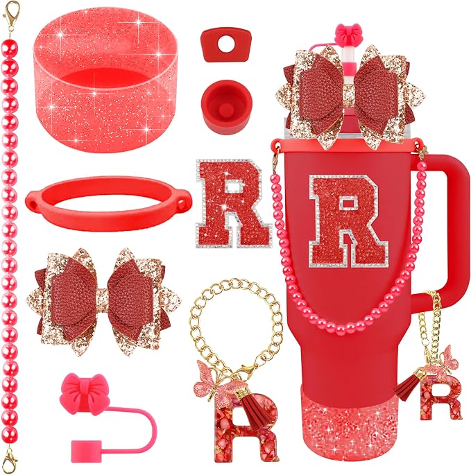 9PCS Red for Stanley Cup Accessories Set Bling Initials Bow Charms for Stanley by Unknown
