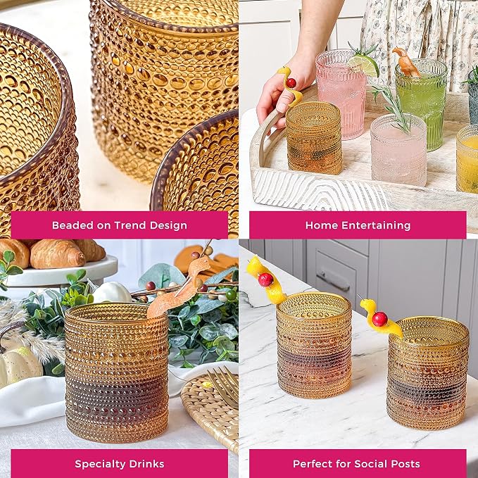 Kate Aspen Beaded Amber Drinking Glasses Set of 6-10 oz Vintage Glassware Set - Image 7