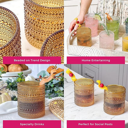 Kate Aspen Beaded Amber Drinking Glasses Set of 6-10 oz Vintage Glassware Set - Image 7