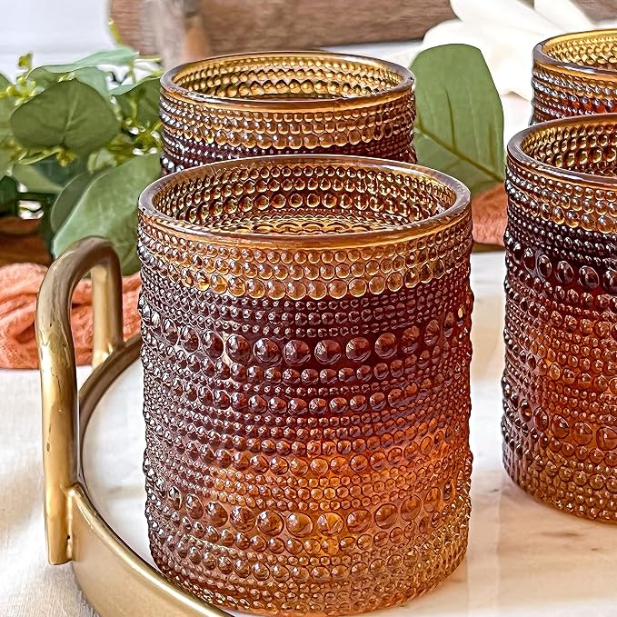 Kate Aspen Beaded Amber Drinking Glasses Set of 6-10 oz Vintage Glassware - Image 4