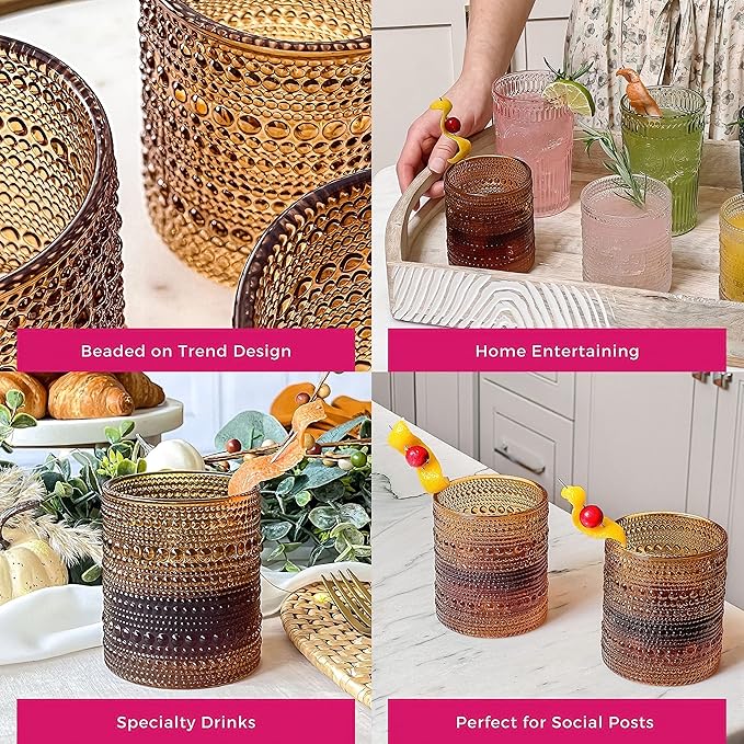 Kate Aspen Beaded Amber Drinking Glasses Set of 6-10 oz Vintage Glassware - Image 6